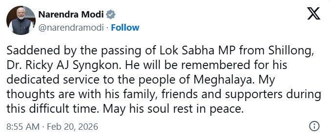 प्रधानमंत्री श्री नरेन्‍द्र मोदी ने शिलांग से लोकसभा सांसद डॉ. रिकी ए.जे. सिंगकॉन के निधन पर शोक व्यक्त किया