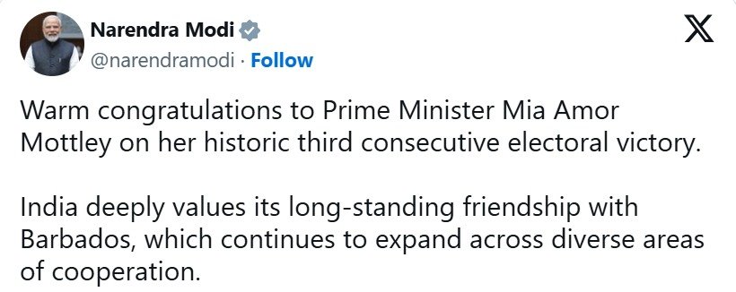 प्रधानमंत्री ने मिया अमोर मोटली को बारबाडोस के चुनावों में उनकी ऐतिहासिक लगातार तीसरी जीत पर बधाई दी