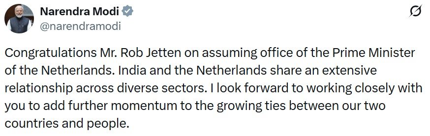 प्रधानमंत्री श्री नरेन्‍द्र मोदी ने नीदरलैंड के प्रधानमंत्री के रूप में पदभार ग्रहण करने पर श्री रॉब जेटेन को बधाई दी