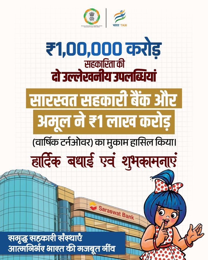 केंद्रीय गृह एवं सहकारिता मंत्री श्री अमित शाह ने सारस्वत सहकारी बैंक और अमूल को वर्ष 2025-26 में ₹1 लाख करोड़ का वार्षिक टर्नओवर पार करने के लिए बधाई दी